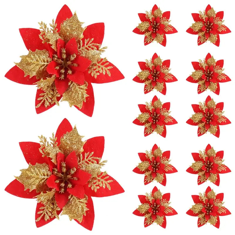 Red and gold glitter poinsettia ornaments in a 5/10Pcs set. Richly colored floral decorations perfect for festive Christmas arrangements.