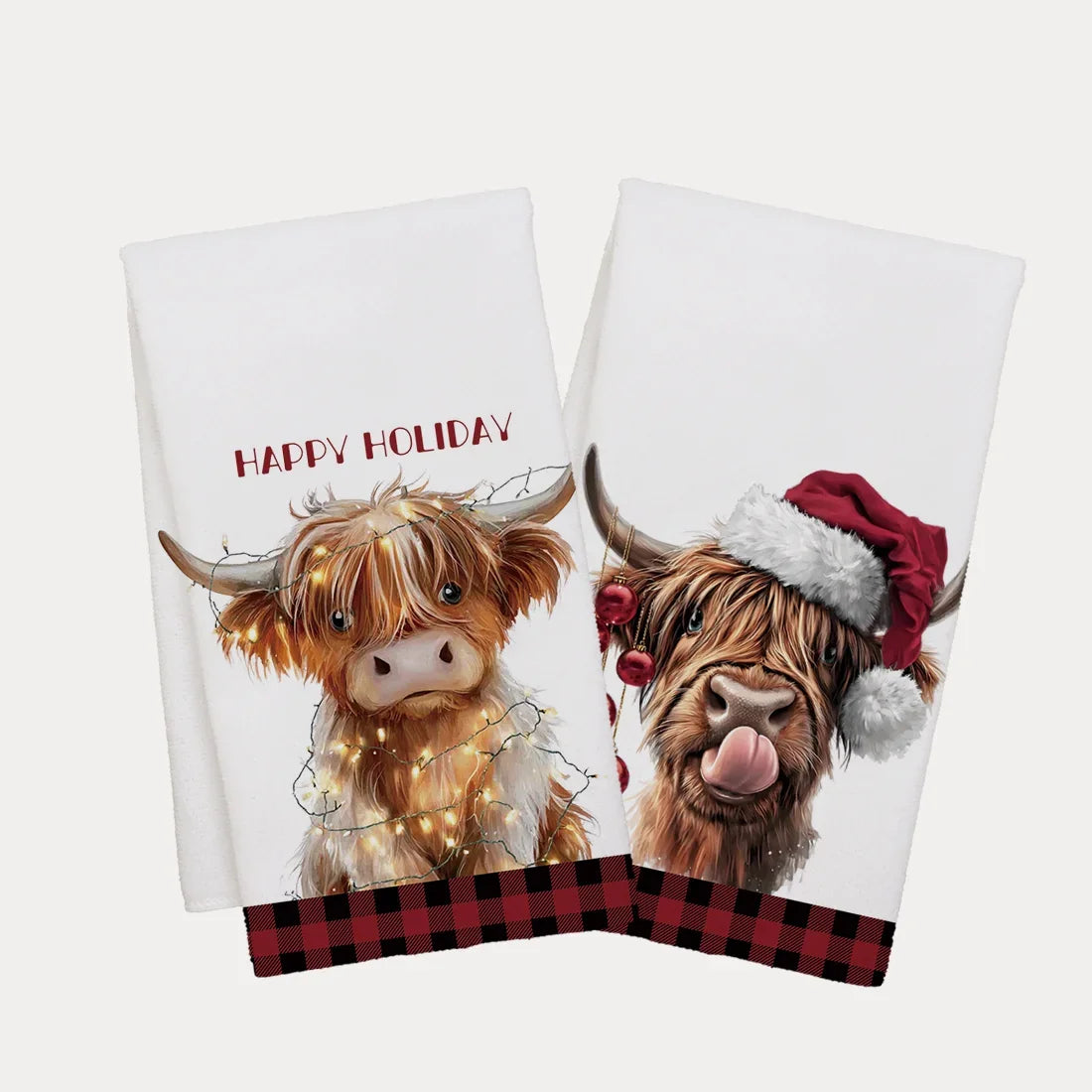 2pcs Kitchen Dishcloth Santa Hat Highland Cow Red Plaid