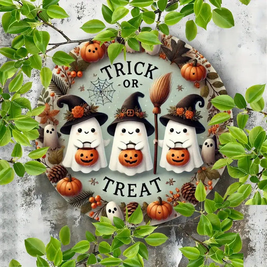 Trick or Treat Metal Sign with cute ghost and pumpkin design, perfect Halloween decor for garden or porch, waterproof and rust-resistant.
