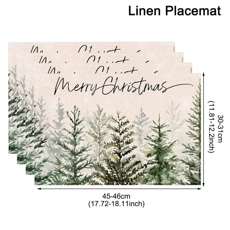 Evergreen forest Linen Christmas Placemats with handwritten 'Merry Christmas' text. Soft, durable linen adds charm to holiday tables.
