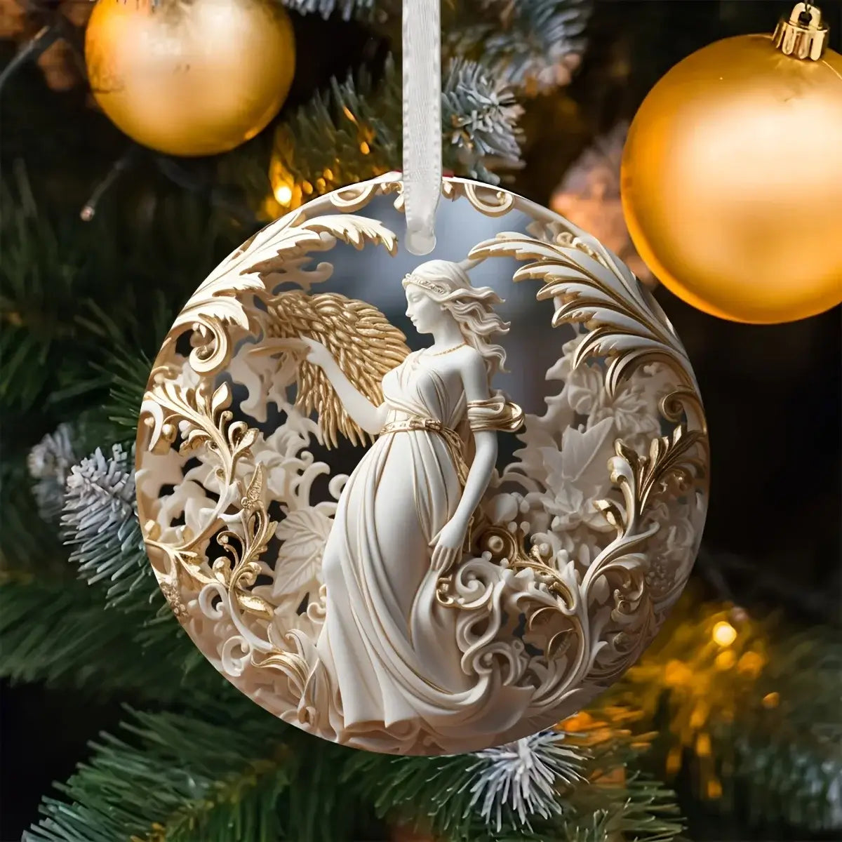 Elegant Acrylic Angel Hanging Decoration on Christmas tree with gold ornaments, perfect for seasonal home décor and festive charm.