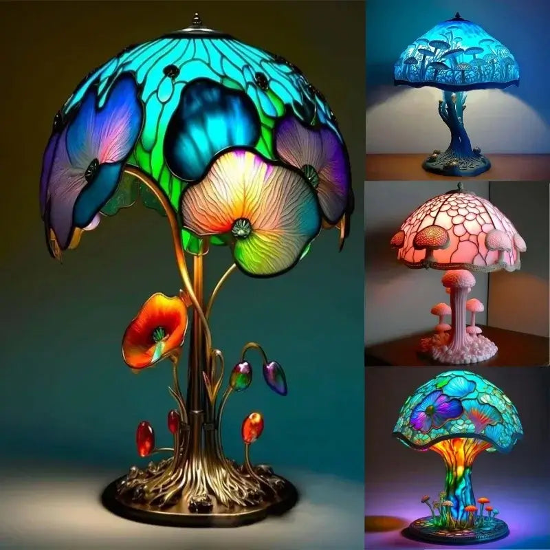 Colorful stained glass table lamps with floral and mushroom motifs from the Stained Plant Series. Ideal for artistic home lighting decor.