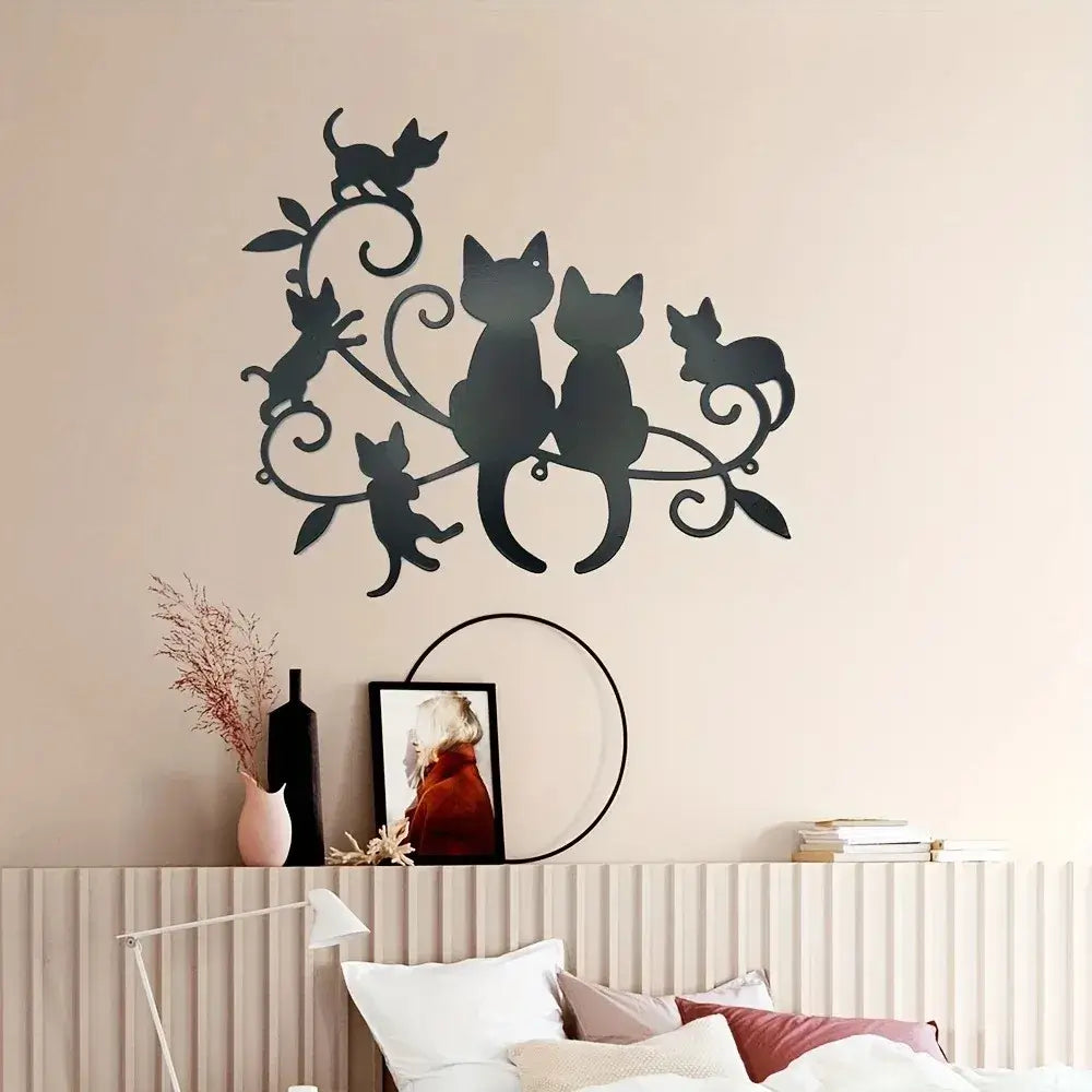 Metal Black Cat Silhouette mounted above a bed in a modern bedroom, adding whimsical charm to interior wall art decor.