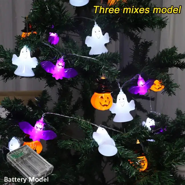 Three-mix Halloween LED string lights with ghosts, bats, and pumpkins. Great for decorating trees or indoor spaces.