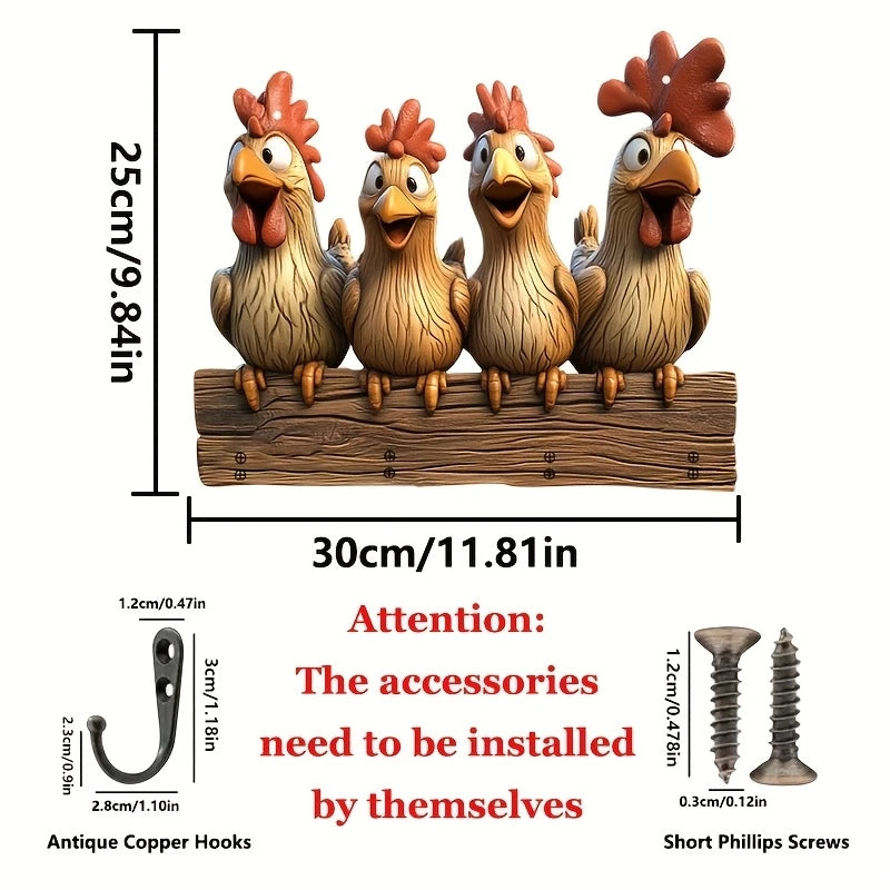 1 Piece 2D Wooden Hanging Decoration with Household Key Hooks Hen Pattern