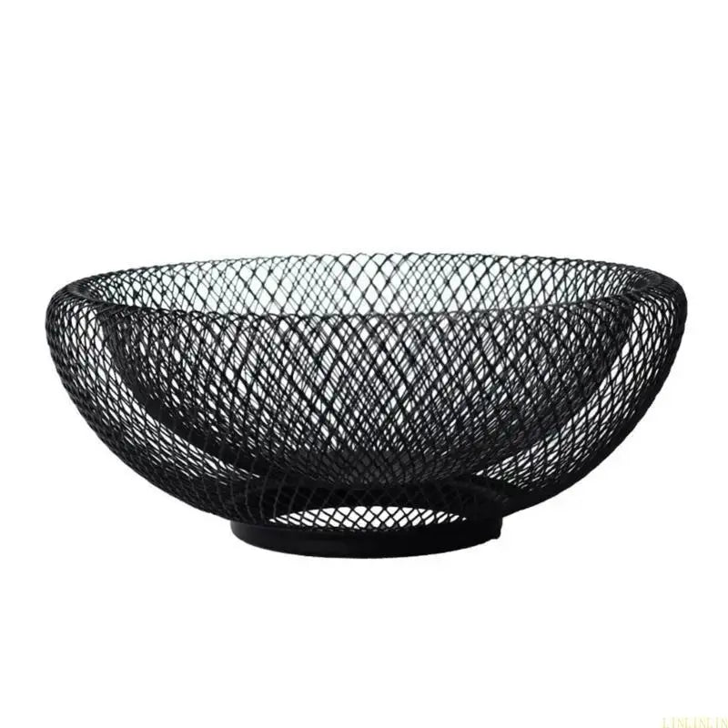 Black metal fruit bowl with open mesh design, offering durability and eco-friendly paint for kitchen organization.
