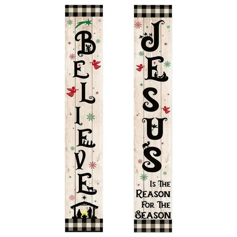 Decorative Christmas Banner - Outdoor set with 'Believe' and 'Jesus is the Reason for the Season' text, featuring nativity and festive icons.