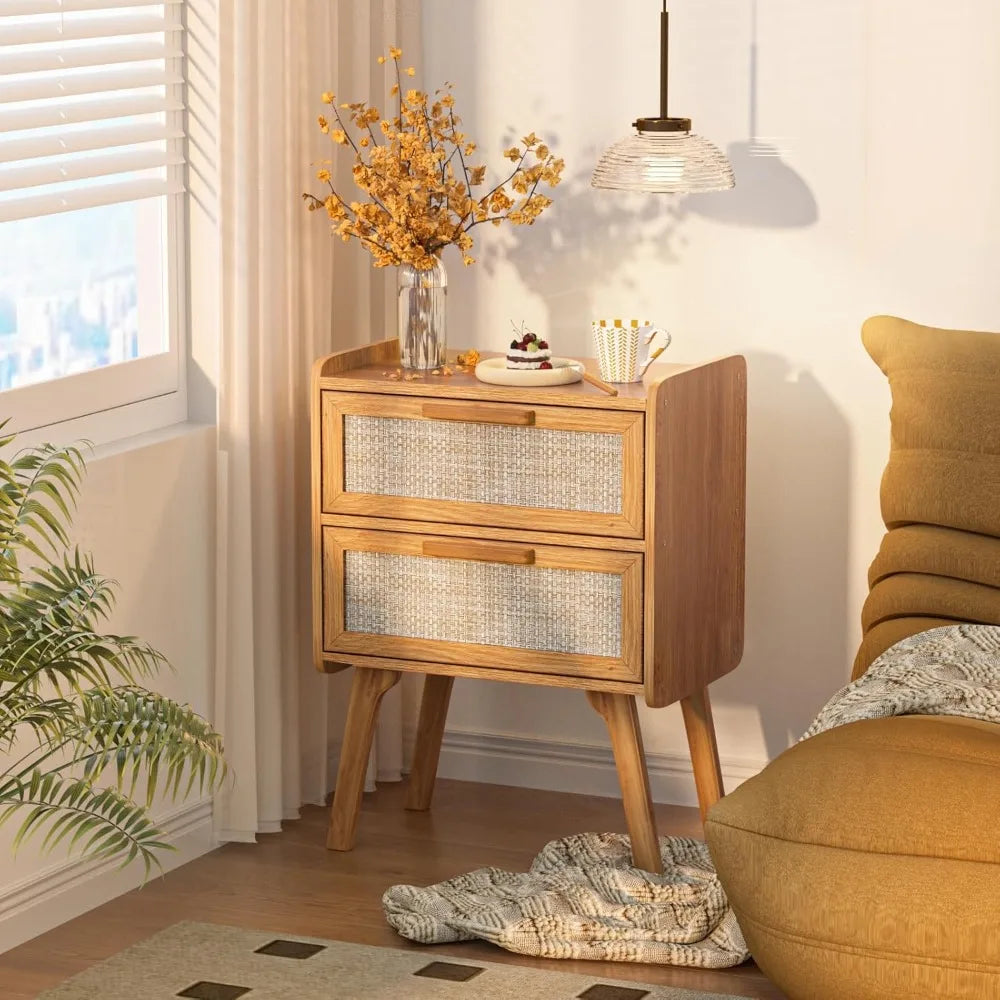 Set of 2, Rattan Nightstands with 2 Drawers