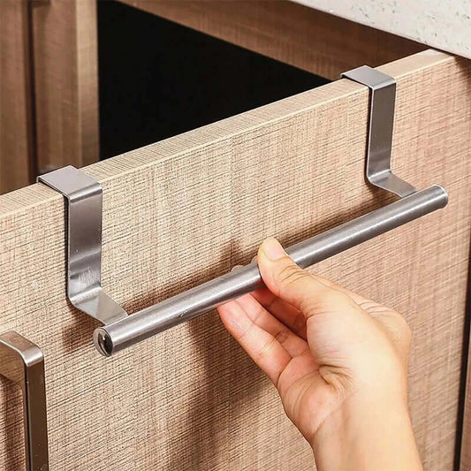 Stainless Steel Towel Bar - Durable & Rust-Resistant, shown being installed on a cabinet door for easy towel access in kitchen or bathroom.