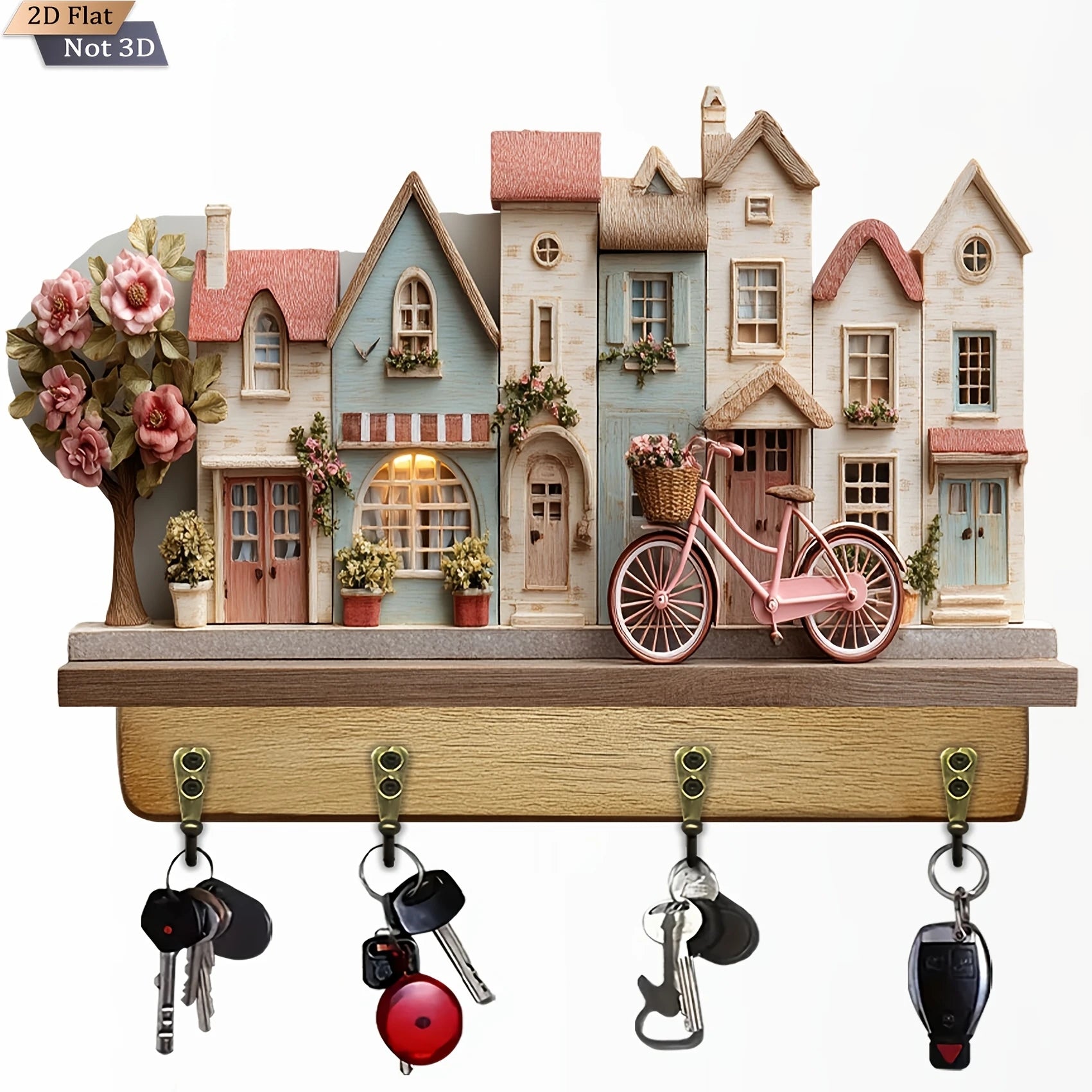 2D,12in Retro Country Dreamy Fairy Tale Cottage Wooden Key Holder