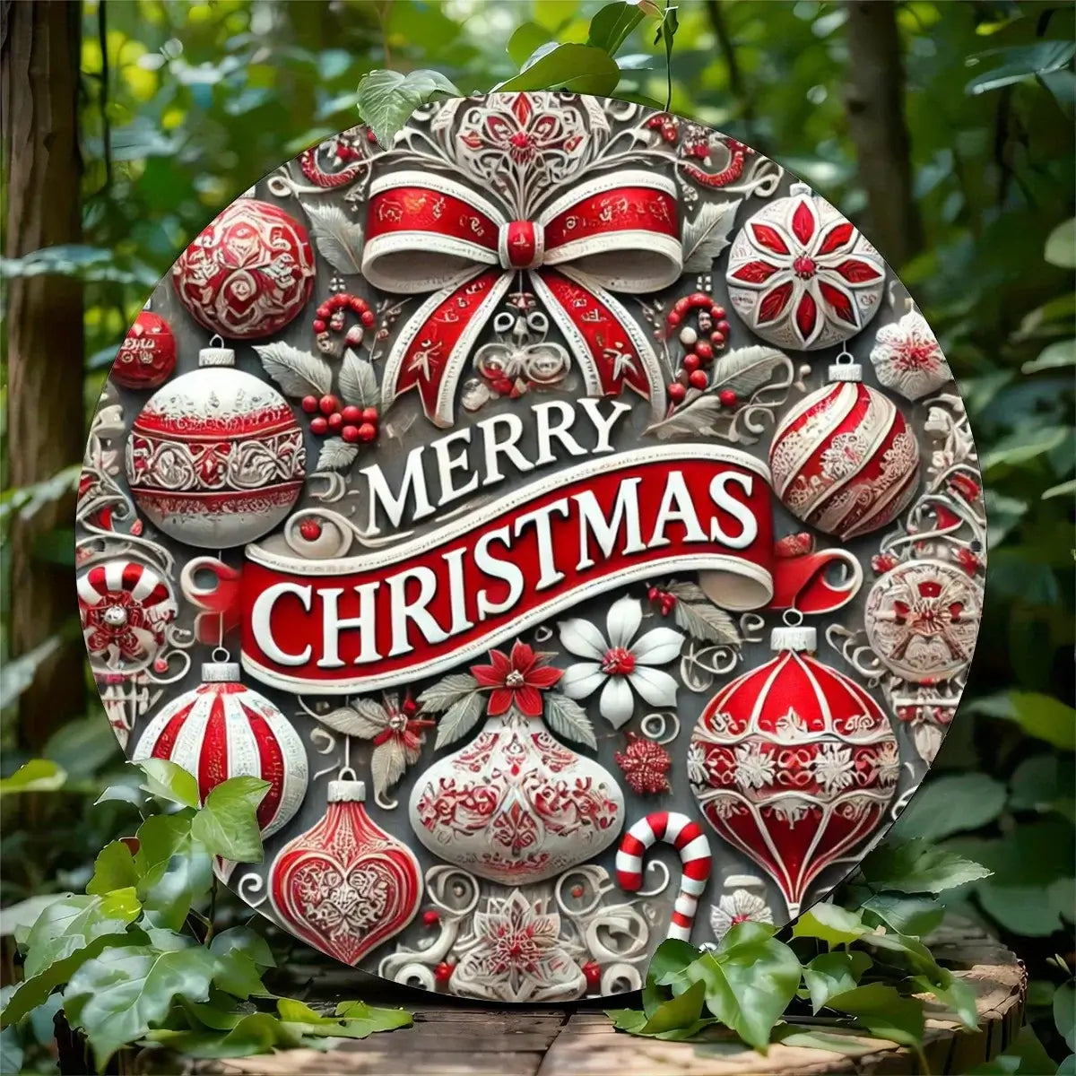 Round Candy Wreath Metal Sign displayed outdoors among greenery, showcasing vintage Christmas design for seasonal garden or patio decor.