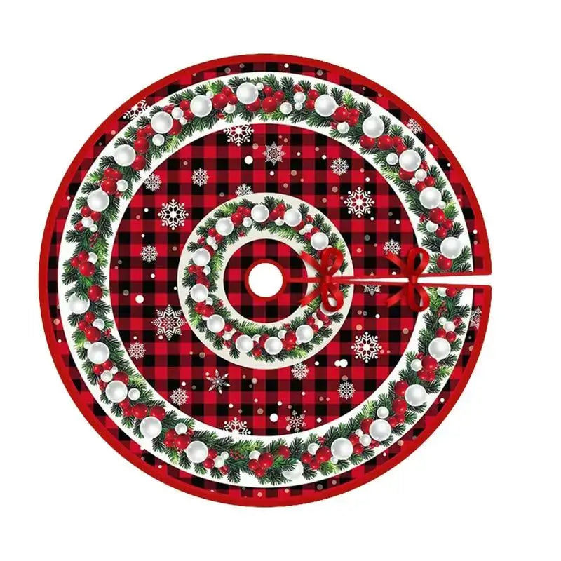 Polyester Christmas tree skirt with red plaid pattern, white ornaments, and pine garland design. Durable 90cm skirt adds festive charm to holiday decor.