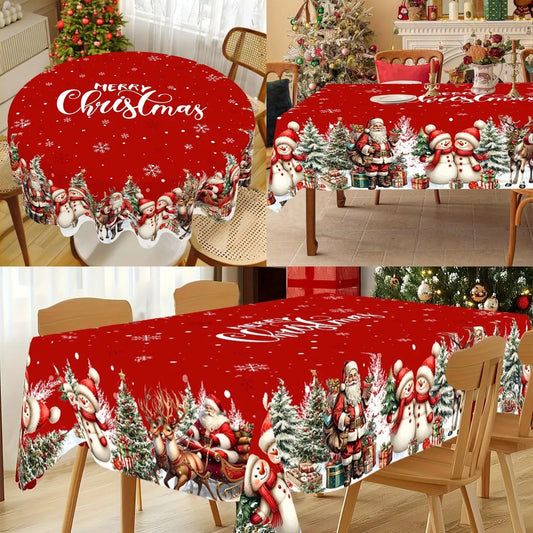 A Christmas Santa Claus tablecloth adds a festive touch to any holiday gathering, featuring cheerful designs of Santa, reindeer, and snowy scenes. 