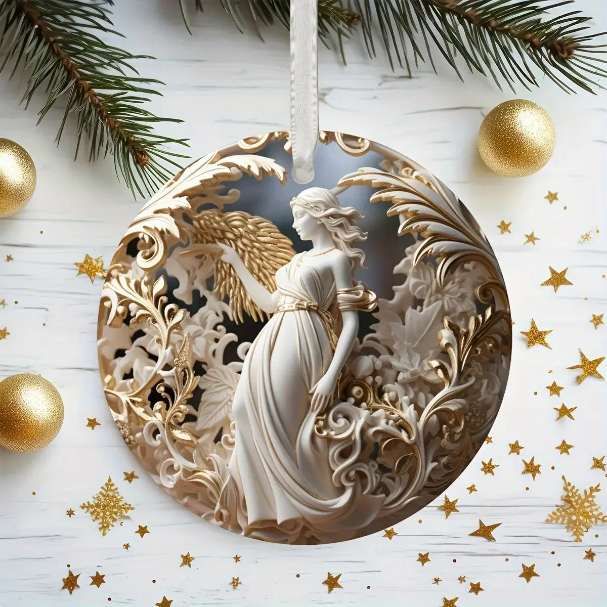 Acrylic Angel Hanging Decoration on white wooden background with gold stars, ideal for festive window displays and seasonal home décor.