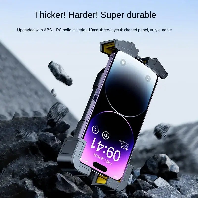 Durable universal bicycle phone holder with thick ABS+PC construction and shockproof design, ideal for rugged cycling environments.