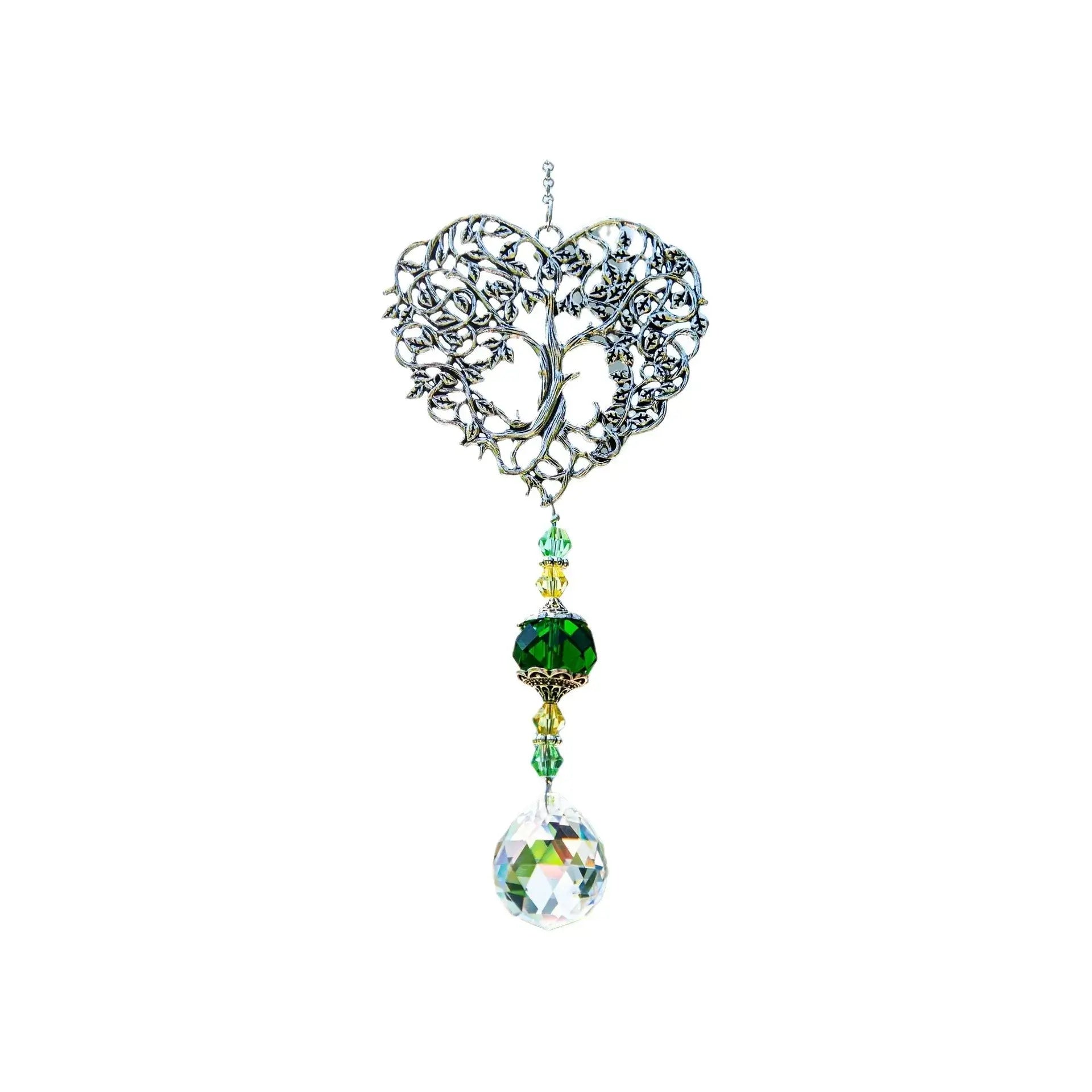Tree of Life Suncatcher - Crystal Pendant featuring green and clear crystals with heart-shaped metal tree design, ideal for home decor.