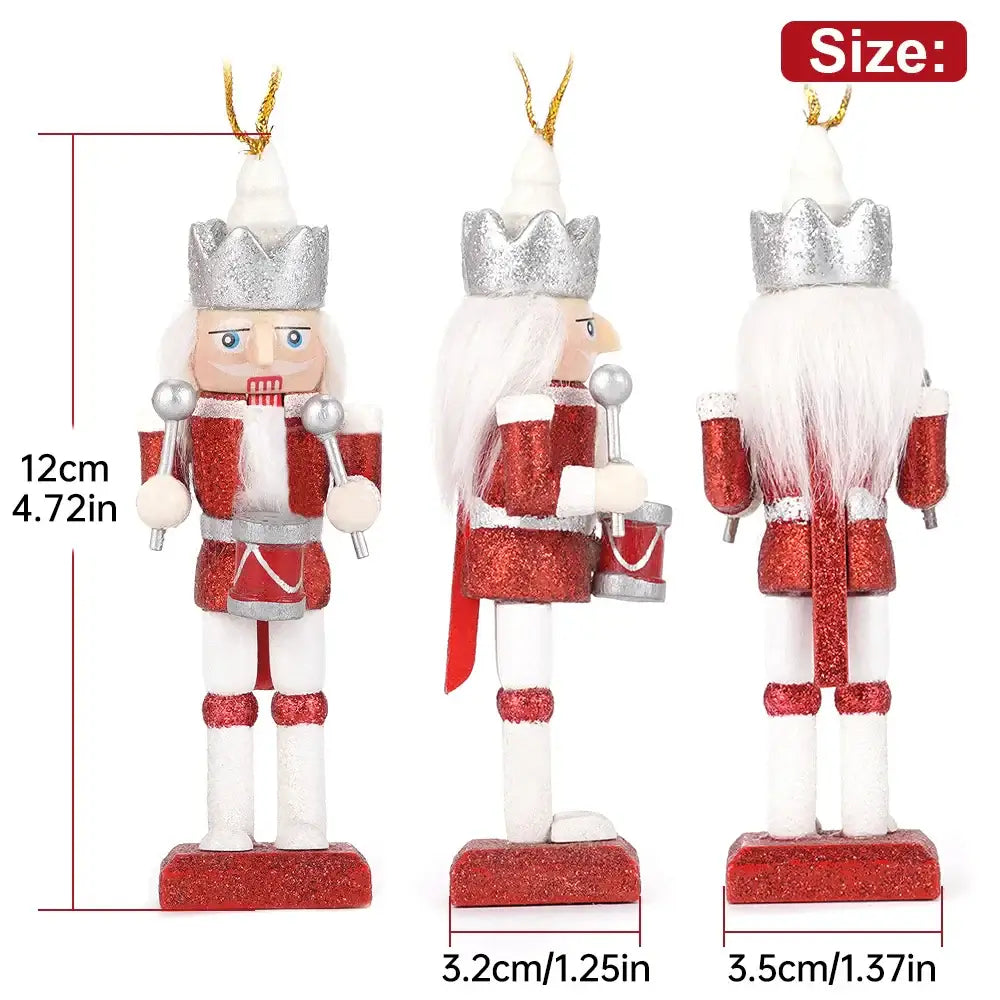 Close-up dimensions of a handcrafted Wooden Nutcracker Soldier ornament, measuring 12cm tall, ideal for holiday tree hanging.