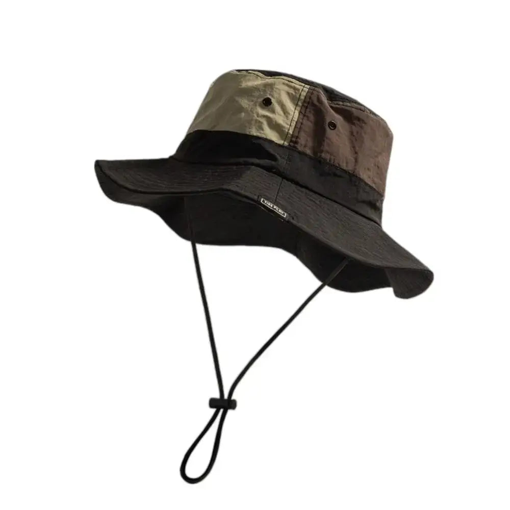 Black and olive Sun Protection Bucket Hat - Quick-dry with adjustable chin strap. Foldable and UV-blocking for hiking and camping.