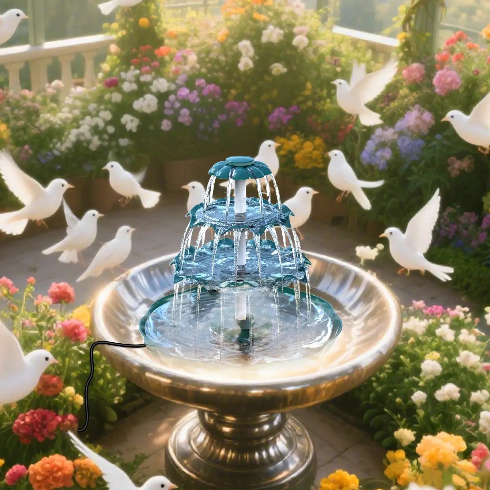 3-Tier USB Bird Bath Fountain placed in a garden birdbath, surrounded by white doves and colorful flowers.