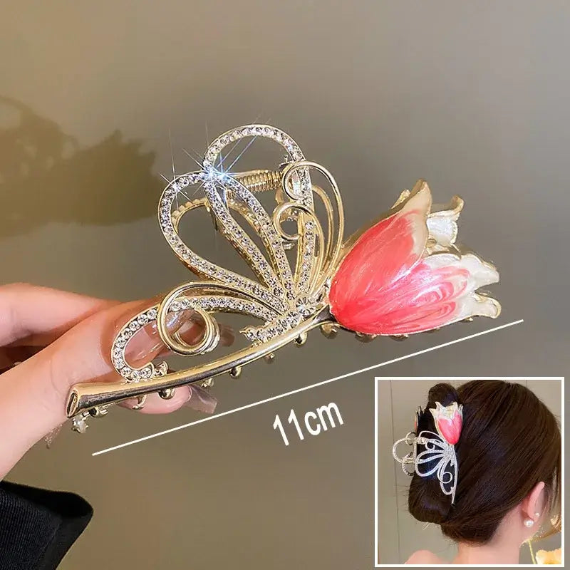 Pink tulip ponytail hair clip with butterfly design and rhinestones, 11cm long, ideal for elegant and secure hairstyles.
