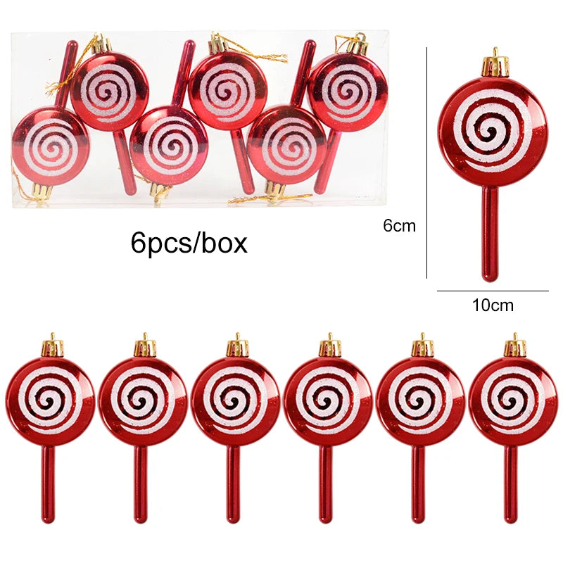 6pcs/box red swirl lollipop-shaped ornaments, 10cm tall, included in the Christmas Tree Ornaments Set - 6pcs Red Star Candy.