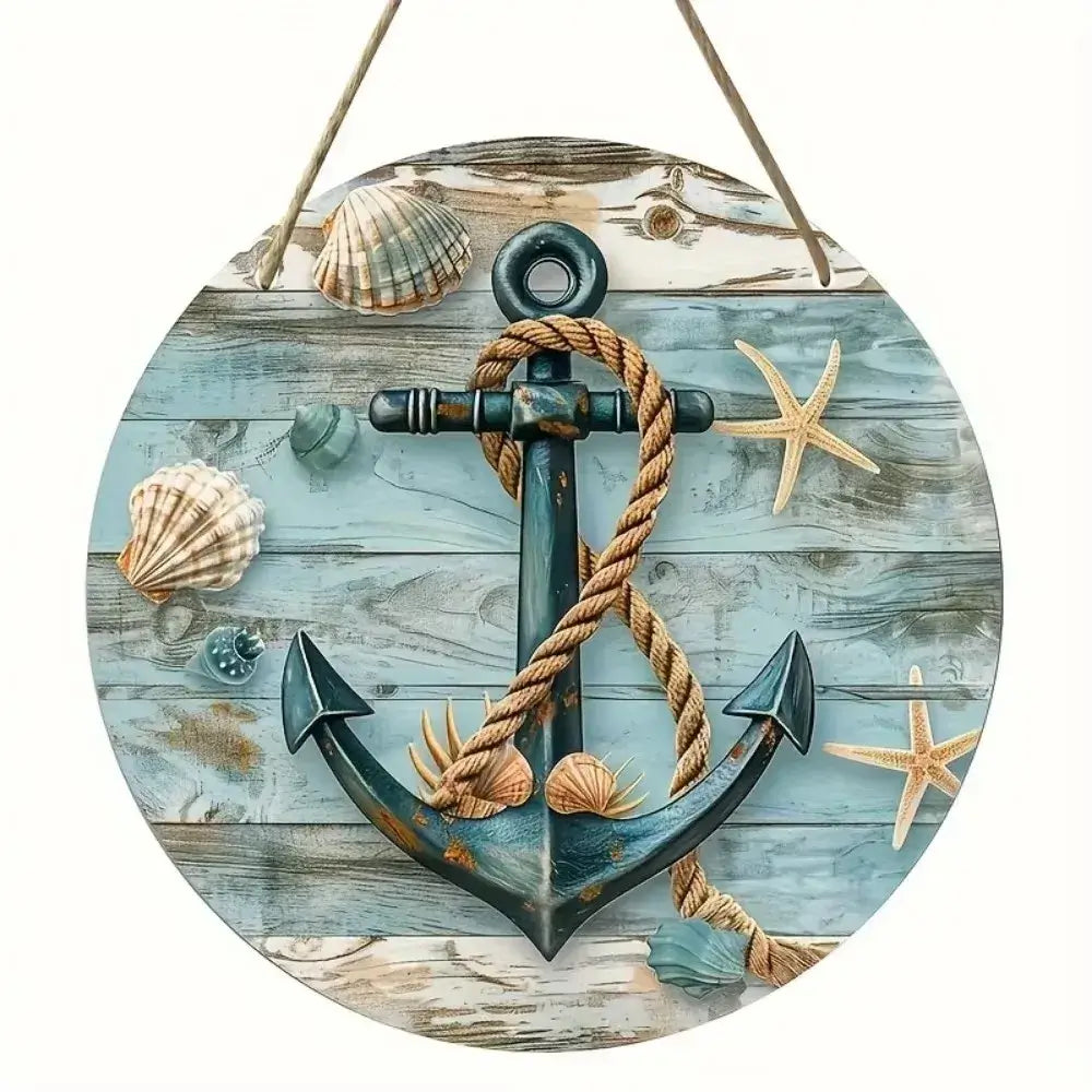 Round aluminum coastal decor sign featuring a nautical anchor and seashells on a blue wood-style background. Durable and lightweight wall art.