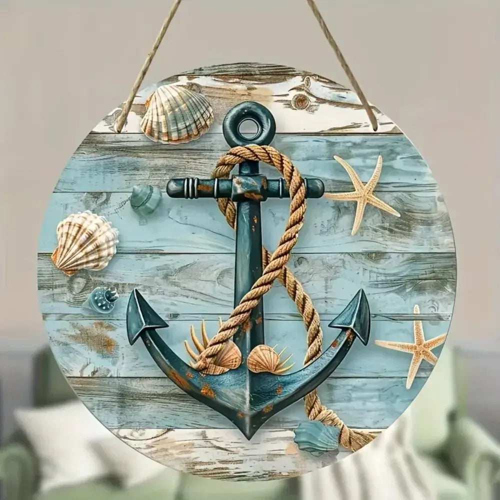 Beach-themed aluminum wall plaque with anchor and rope design, accented by seashells and starfish. Ideal for coastal home decor.