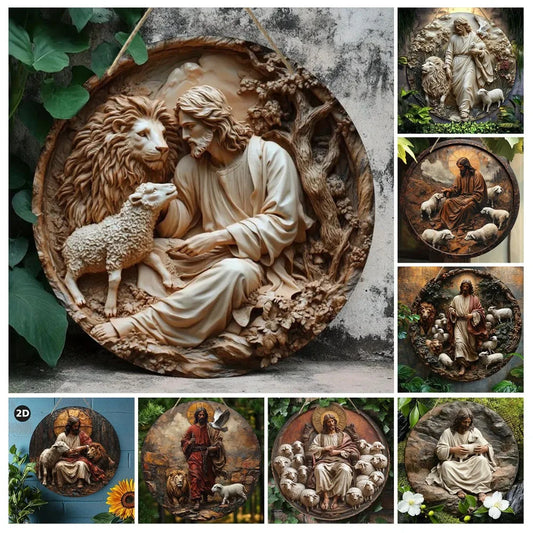 2D Retro Jesus Sign - Wooden Welcome featuring Jesus with lion and sheep in a circular handcrafted design. Ideal for Christmas and winter decor.