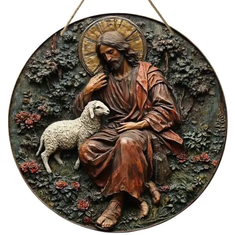 2D Retro Jesus Sign - Wooden Welcome featuring Jesus walking among sheep and lions in a forest, ideal for festive seasonal decor.