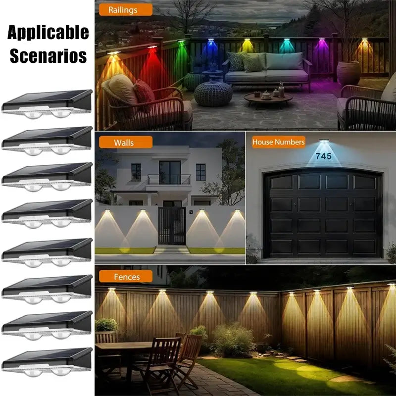 Versatile LED Solar Fence Lights Outdoor shown in use on railings, walls, fences, and house numbers, enhancing outdoor decor and security.