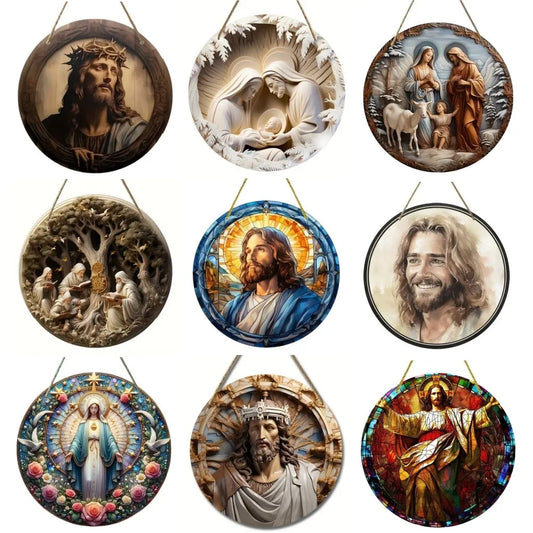 Vintage Religious, Virgin Mary and Jesus Symbols Round Wooden