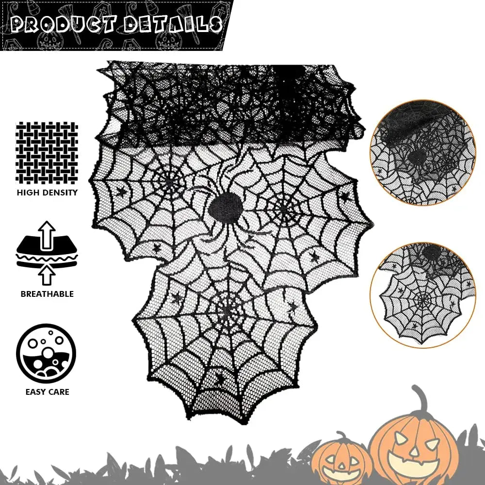 Close-up of Spider Web Lace Table Runner showing high-density breathable fabric and spider web design, perfect for Halloween decor.