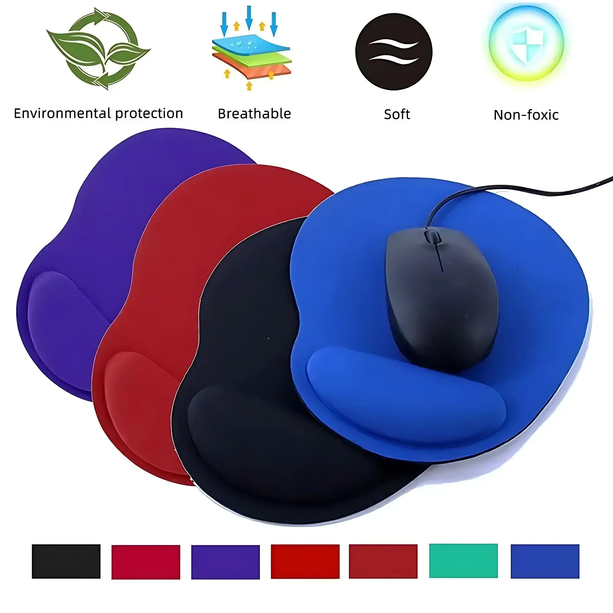 Ergonomic Wrist Rest Mouse Pad - Comfortable Support in multiple colors with soft wrist cushion and non-slip base, ideal for office or gaming use.
