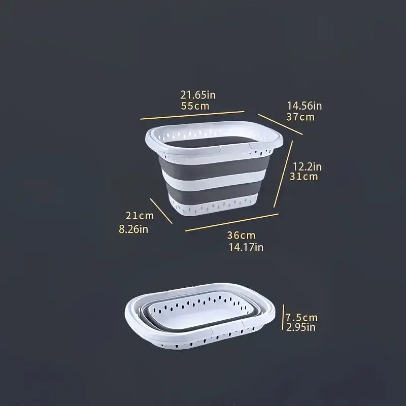Dimensions of foldable laundry basket displayed in expanded and collapsed forms, highlighting its large capacity and compact storage.