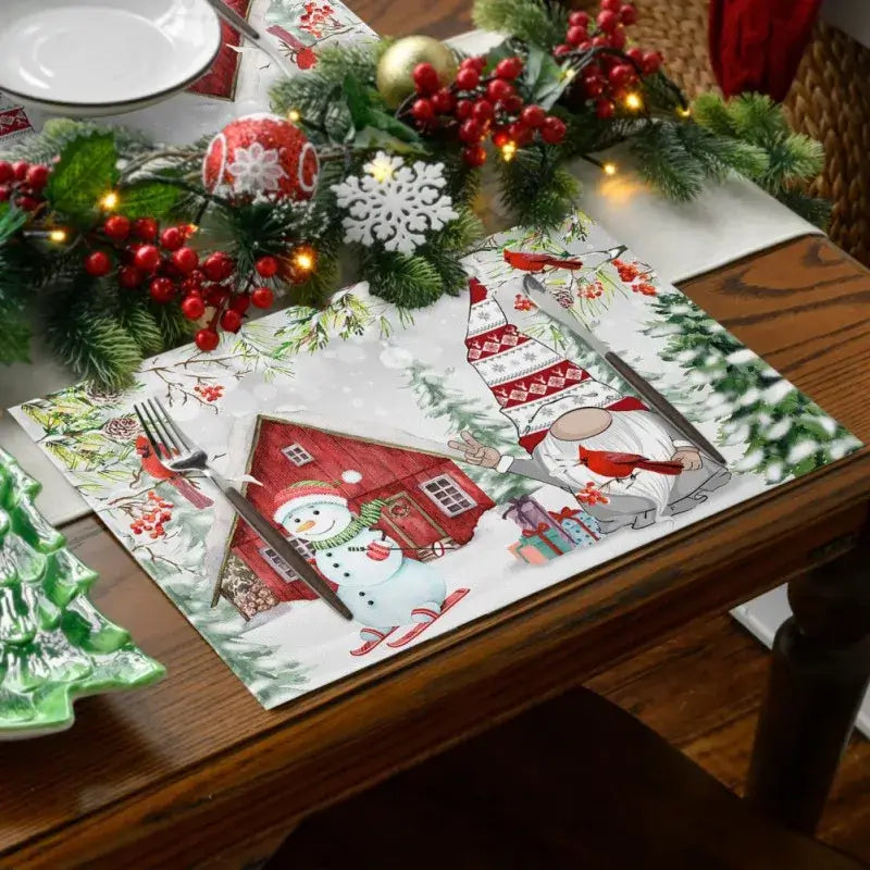 Christmas placemat with snowman, gnome, and red house, ideal for festive table decor. Made from waterproof and fade-resistant linen.