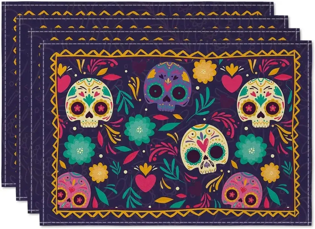 4PCS Halloween Table Placemats - Linen with colorful sugar skulls and floral patterns. Inspired by Día de los Muertos celebrations.