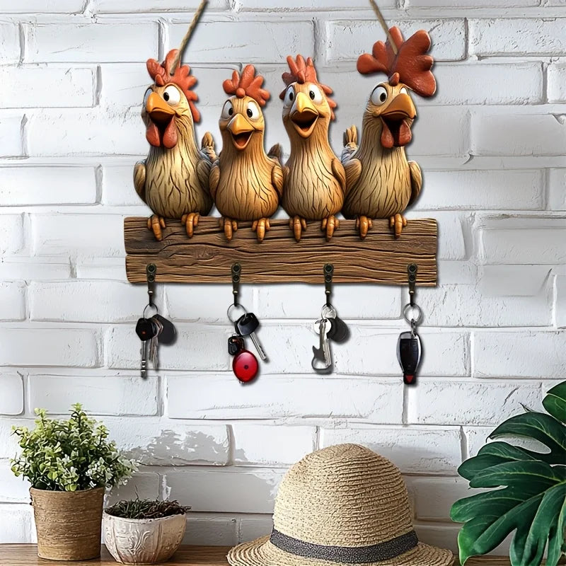 1 Piece 2D Wooden Hanging Decoration with Household Key Hooks Hen Pattern