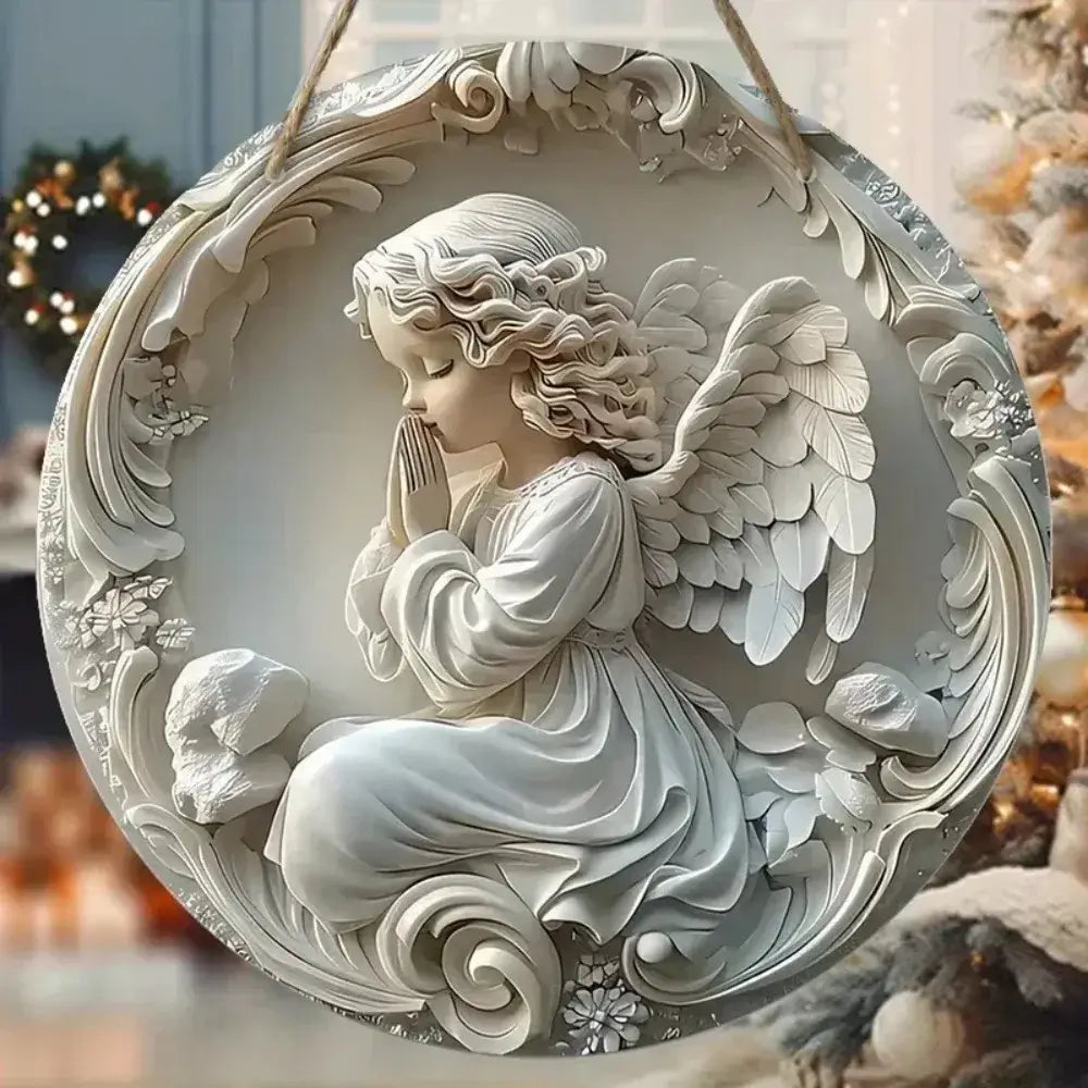 Praying angel 2D metal sign with intricate detailing and floral border. A peaceful addition to holiday or spiritual home décor.