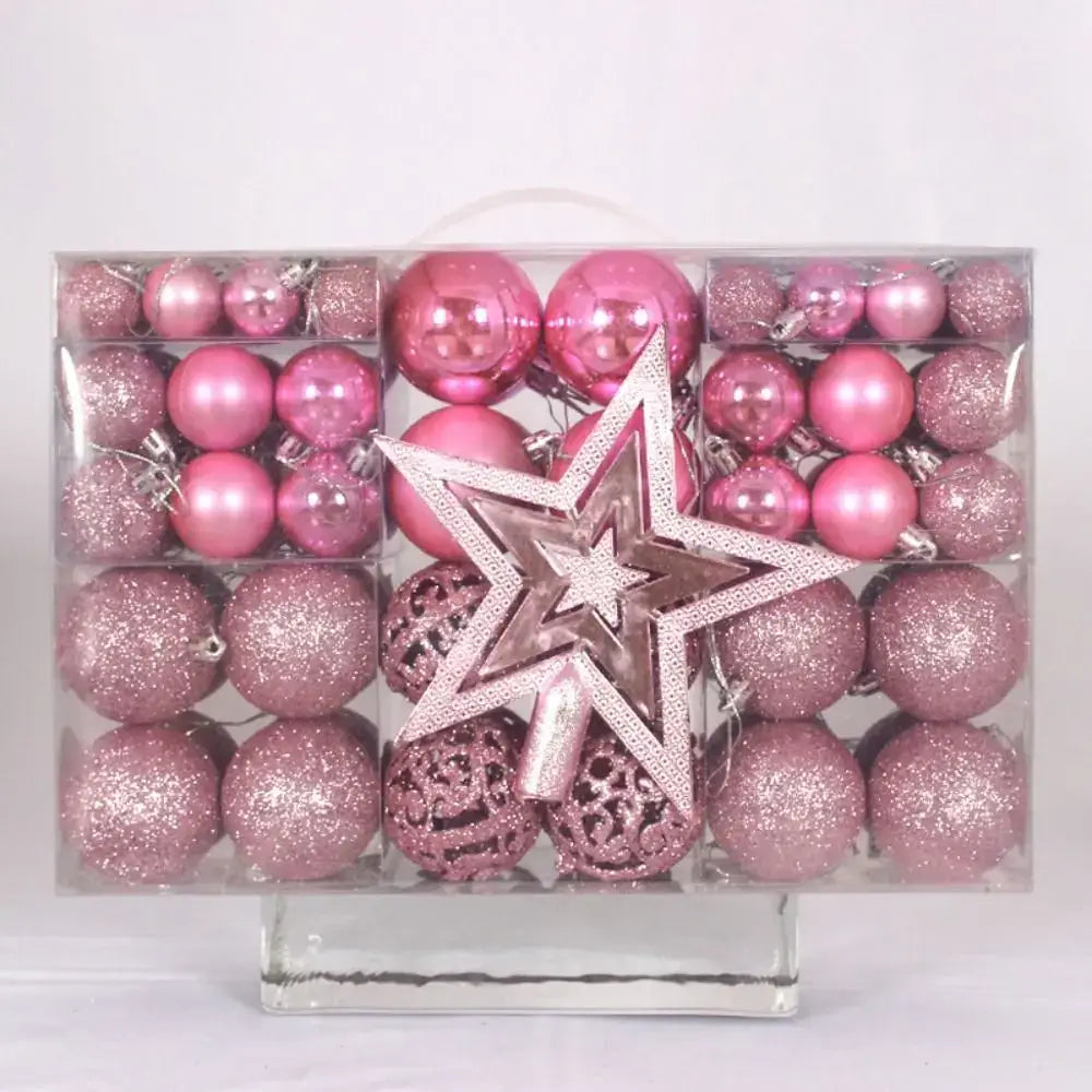 Pink 100PCS Plastic Christmas Ball Set with star topper, includes glitter and shiny finishes for a playful holiday tree look.