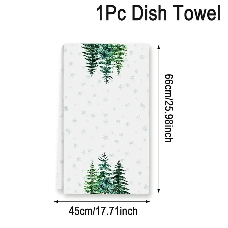 Two-piece Christmas dish towel set with plaid tree and 'Merry Christmas' text. Cotton towels sized 40x48cm for holiday kitchens.