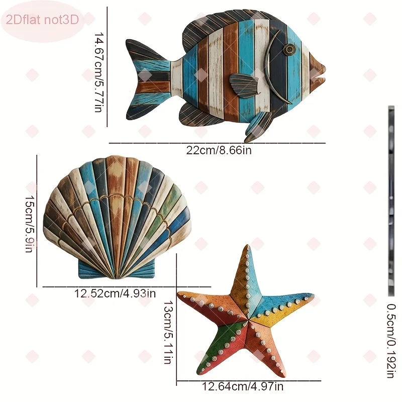 1/2 Set Colorful Ocean Art -Wooden Sea Fish, Shell, Starfish Farmhouse Style Decor