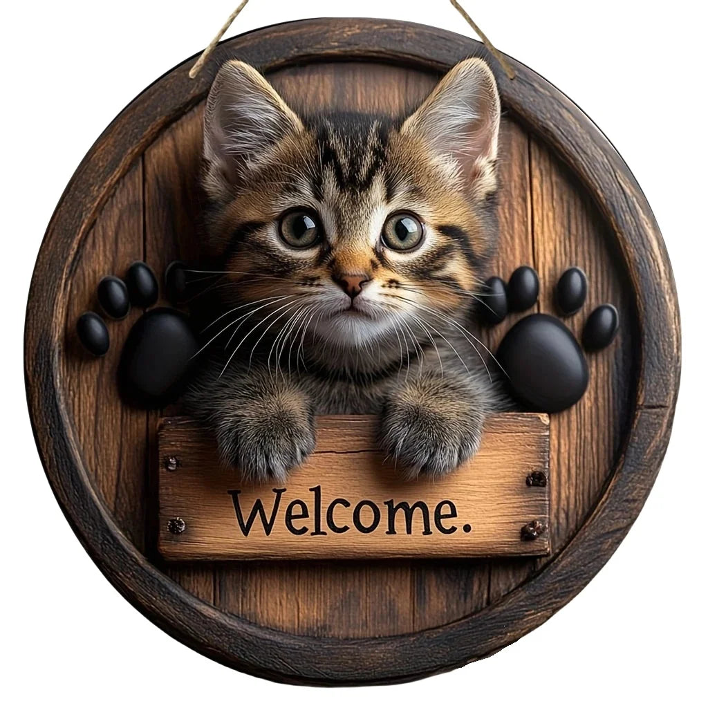 Wood Cat Hanging Decorations 2D Retro Circular