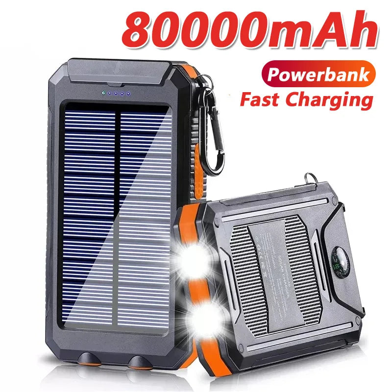 Solar Power Bank 80000mAh Portable Charging Powerbank External Battery Charger Strong Light LDE Light for All Smartphones