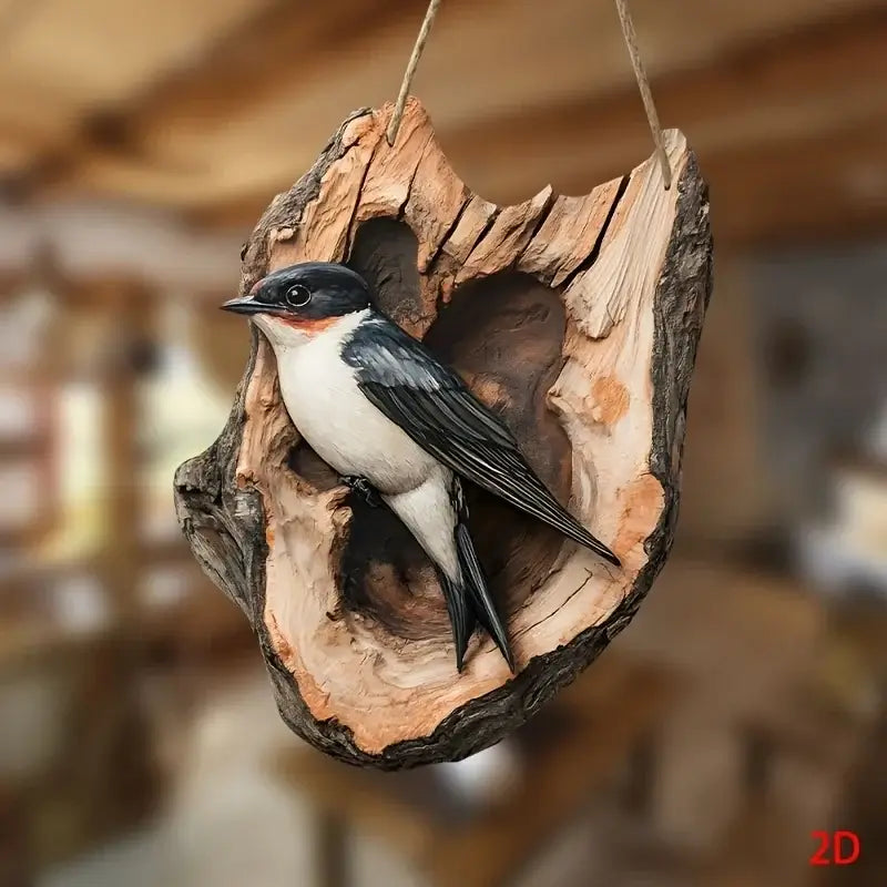 Vintage Wooden Bird Signage - Decor 8in with a perched black and white bird in a carved wood hollow. Ideal for rustic or farmhouse wall decor.