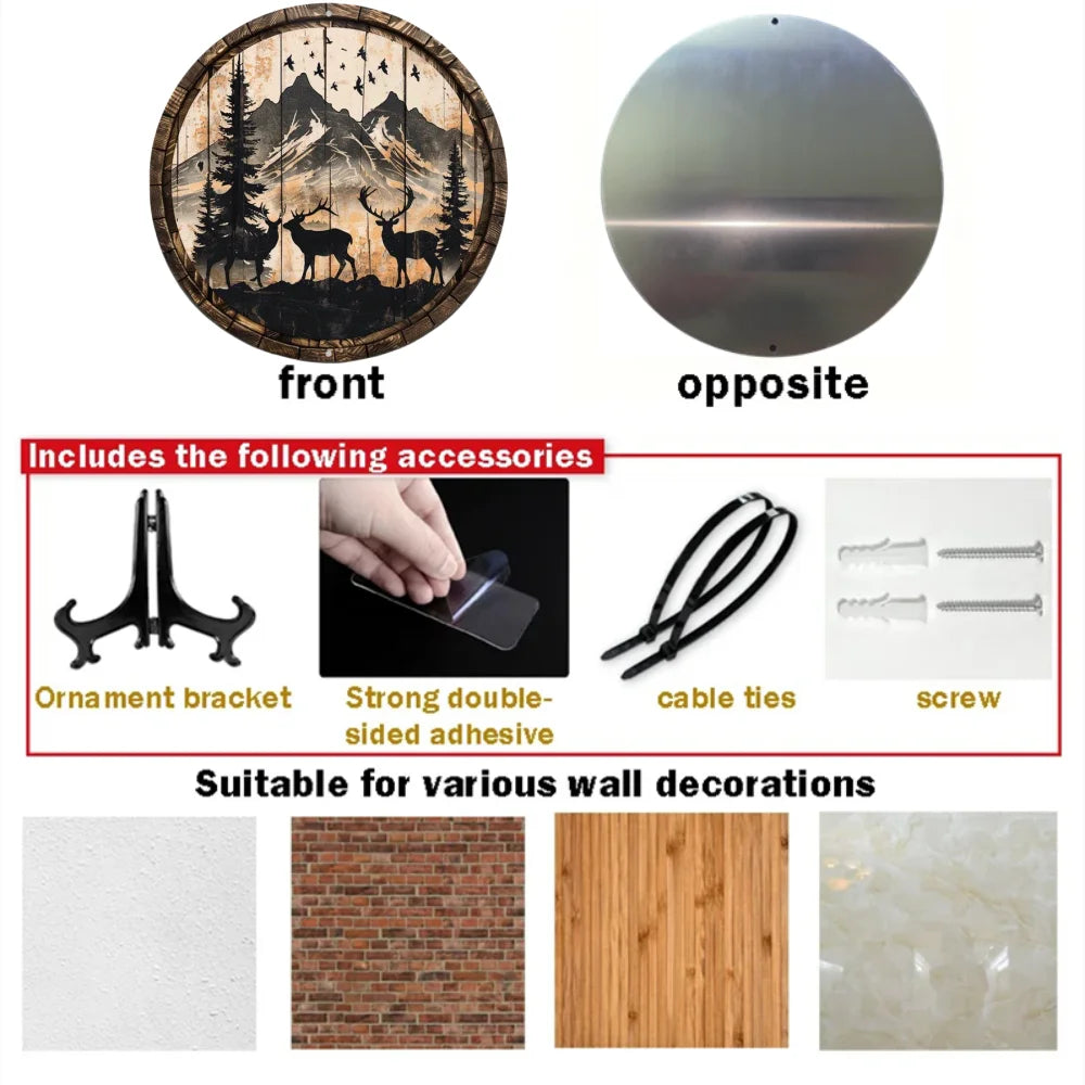 Front and back view of round metal deer sign with included accessories like screws, bracket, and adhesive. Suitable for various wall surfaces.