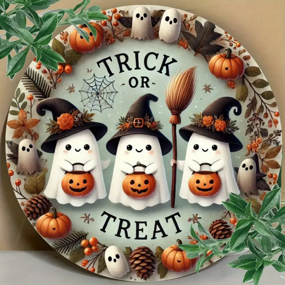 Whimsical Halloween metal sign with three smiling ghosts and pumpkins, perfect for indoor or outdoor decor, durable and festive.