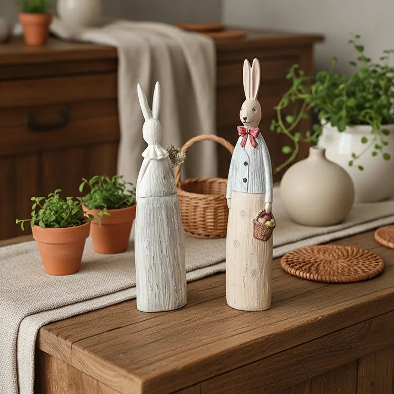 Wood Grain Resin Bunny Couple Statue - Handmade