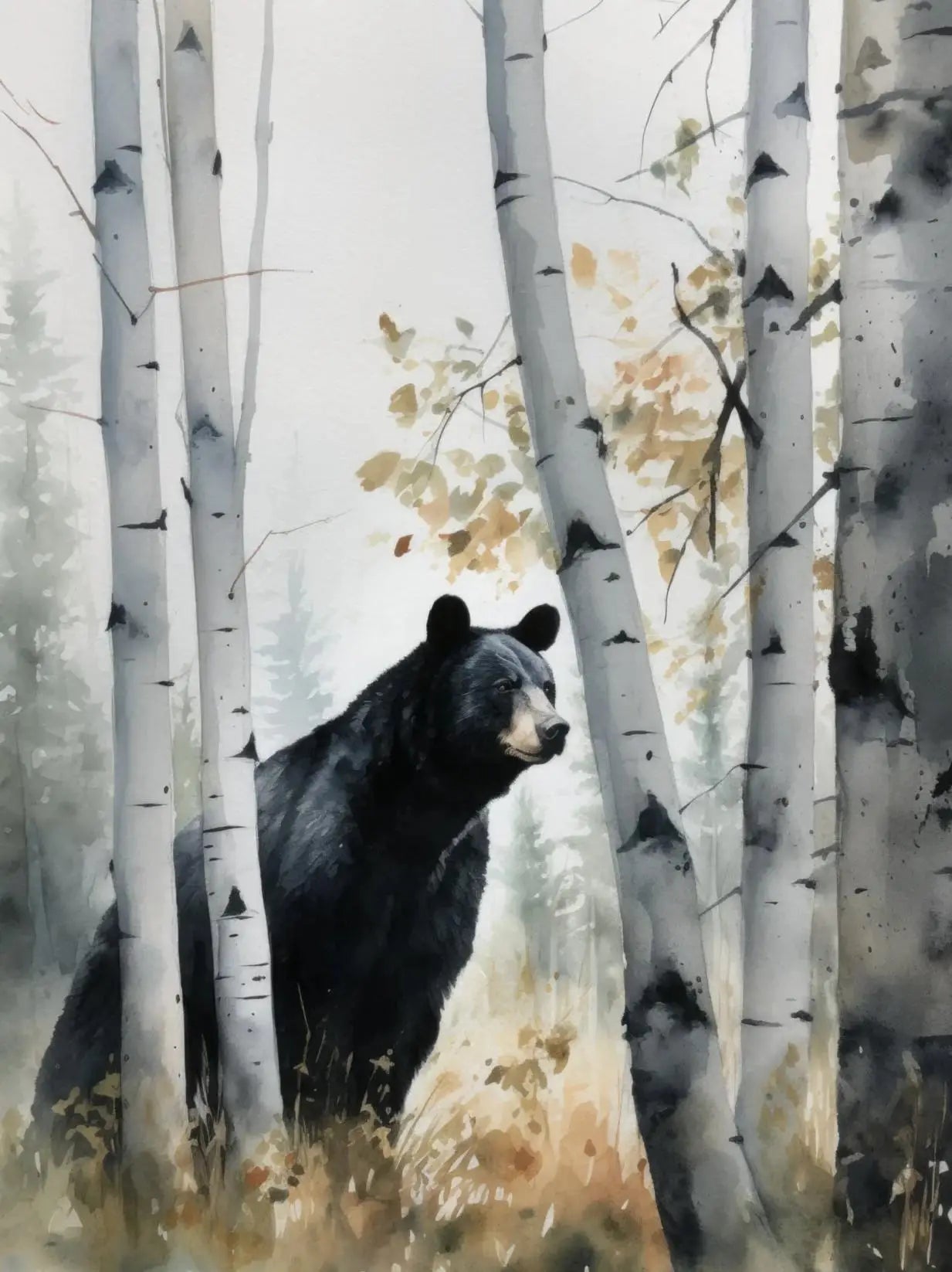 Forest Wildlife Art Poster - Watercolor Canvas Printing of a black bear peeking through birch trees. A peaceful forest scene for wall decor.
