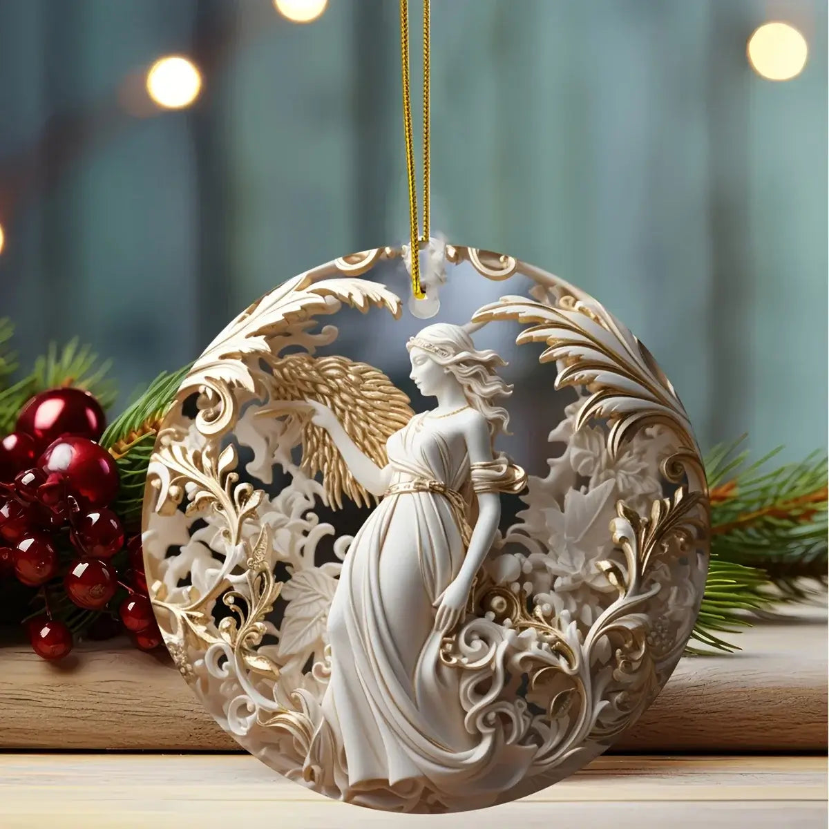 Acrylic Angel Hanging Decoration with golden string and holiday greenery, perfect for soft-lit seasonal displays and elegant home décor.