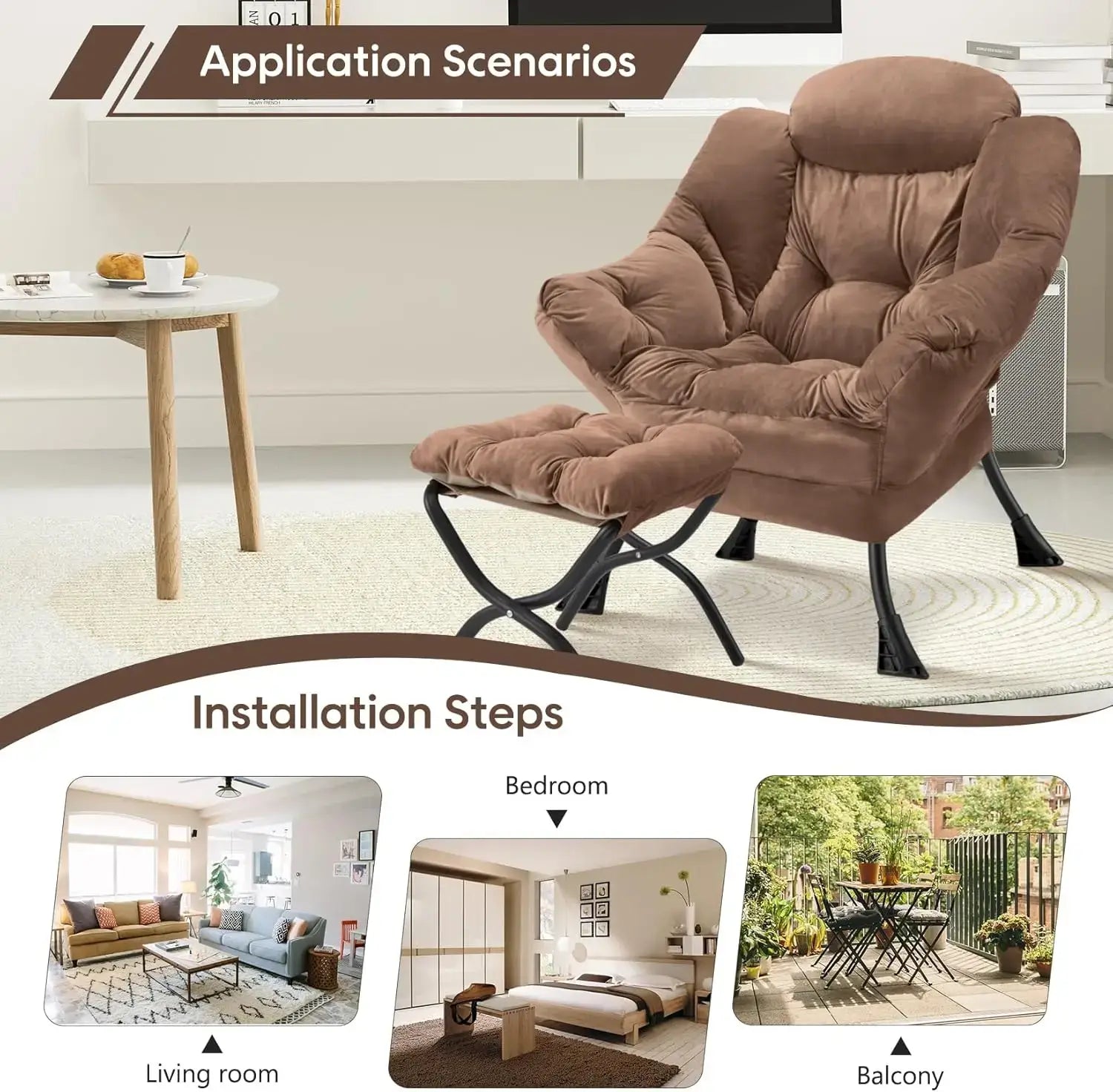 Foldable Lazy Chair with Ottoman shown in living room, bedroom, and balcony setups, emphasizing versatility and easy installation.